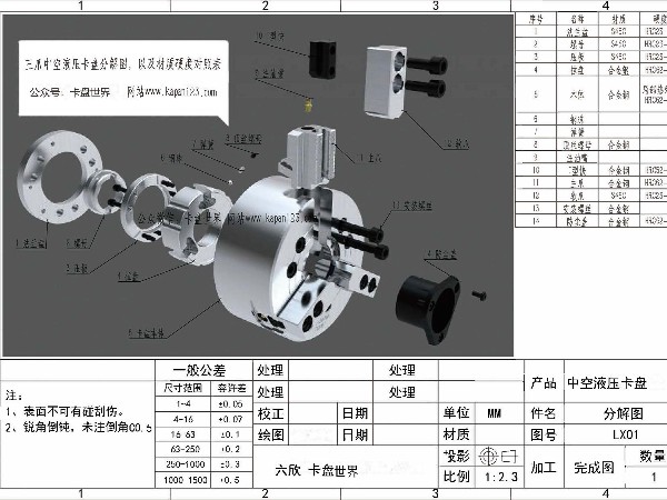 三爪中空液壓卡盤結構分解圖以及材質硬度對照表